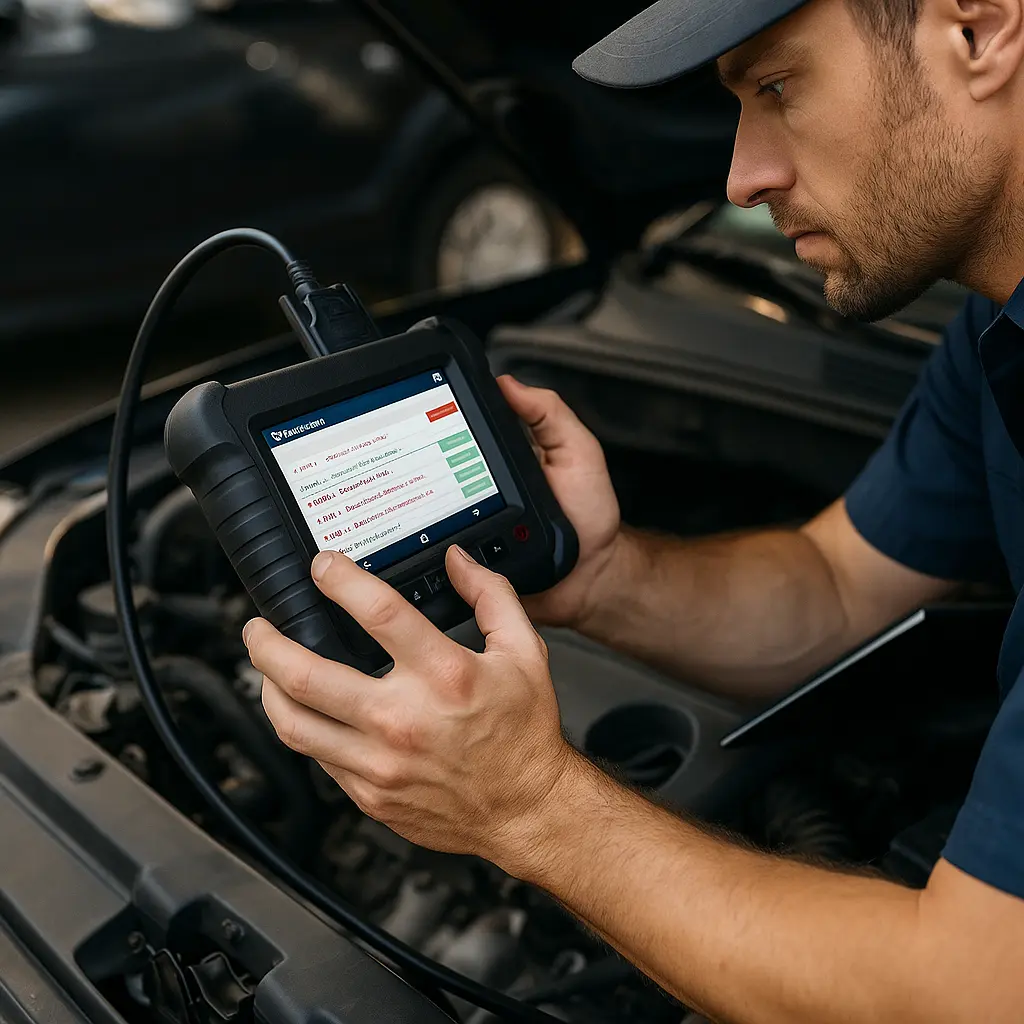Mechanic performing professional vehicle diagnostics